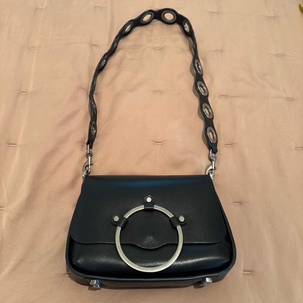 Black Leather Shoulder Bag with Silver Ring Accent